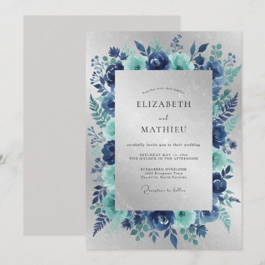 Navy Silver Icy Winter Wedding 招待状 (正面/裏面)