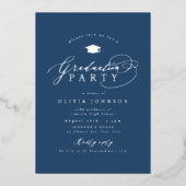 Navy Silver Modern Calligraphy Photo Graduation 箔招待状 (正面)