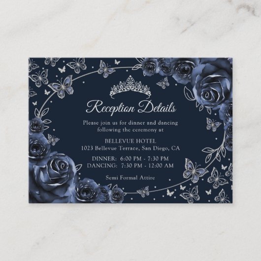 Navy Silver Quinceanera Reception Details エンクロージャーカード (正面)