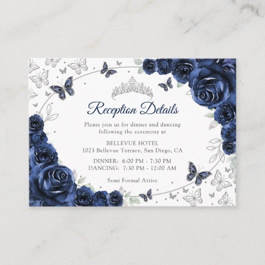 Navy Silver Quinceanera Reception Details エンクロージャーカード (正面)