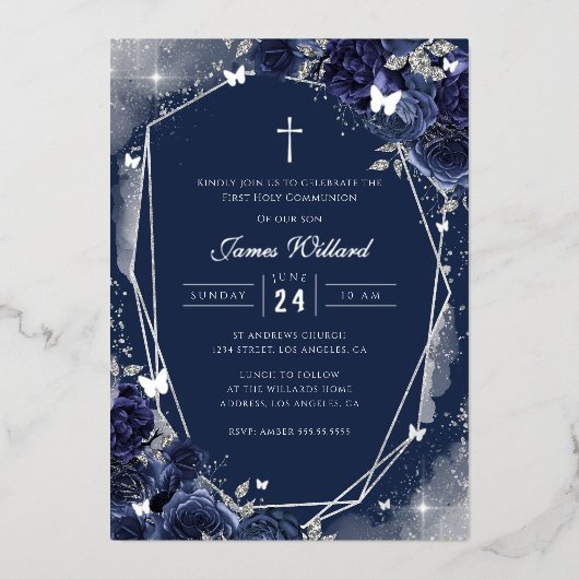 Navy Silver Rose Boys First Communion Foil 箔招待状 (正面)