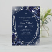 Navy Silver Rose Boys First Communion Foil 箔招待状 (立ち正面)