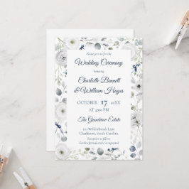 Navy Silver Watercolor Floral Invitation 招待状