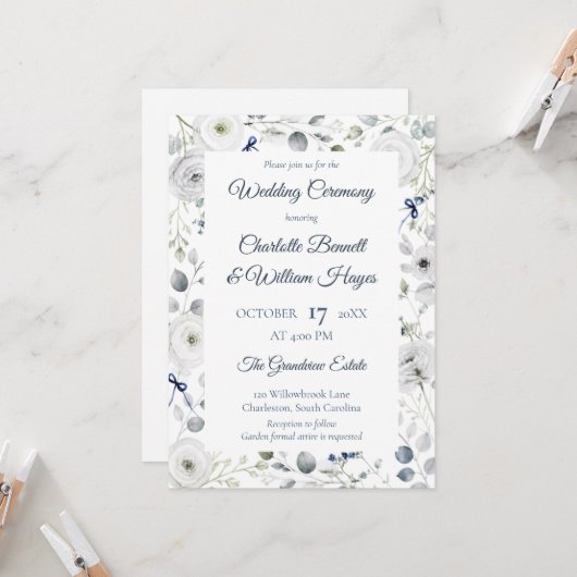 Navy Silver Watercolor Floral Invitation 招待状 (正面/裏面インサイチュ)