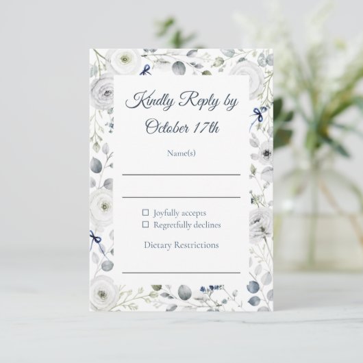 Navy Silver Watercolor Floral RSVP Card (スタンド正面)