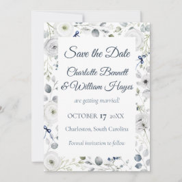 Navy Silver Watercolor Floral Save the Date セーブザデート