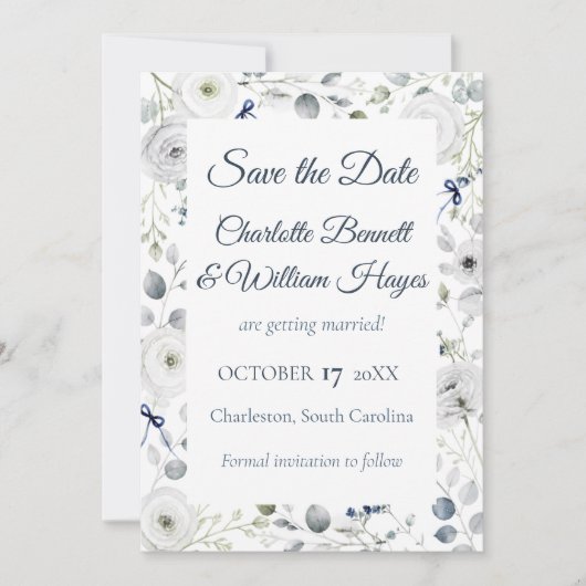 Navy Silver Watercolor Floral Save the Date セーブザデート (正面)