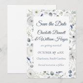 Navy Silver Watercolor Floral Save the Date セーブザデート (正面/裏面)