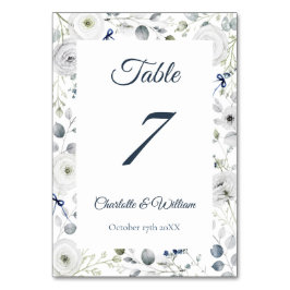 Navy Silver Watercolor Floral Table Number テーブルナンバー