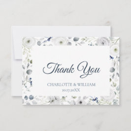 Navy Silver Watercolor Floral Thank You Card サンキューカード