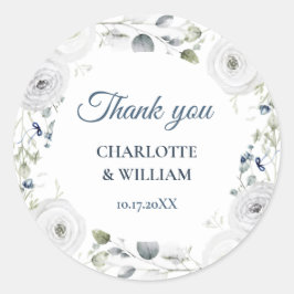 Navy Silver Watercolor Floral Thank You Sticker ラウンドシール