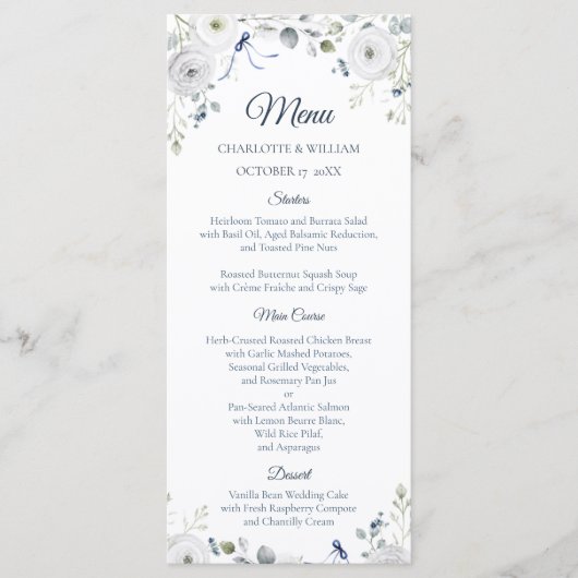 Navy Silver Watercolor Floral Wedding Menu メニュー (正面)