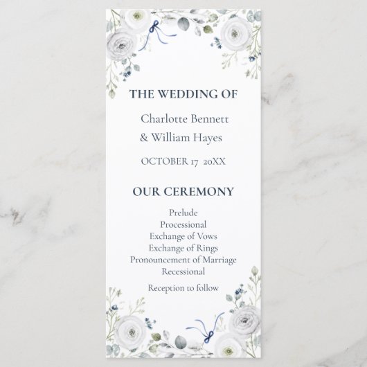 Navy Silver Watercolor Floral Wedding Program プログラム (正面)