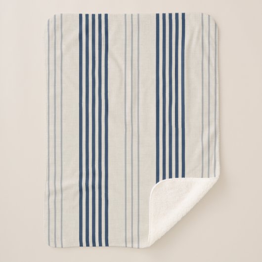 Navy Slate Ticking Stripe Linen Texture シェルパブランケット (正面)