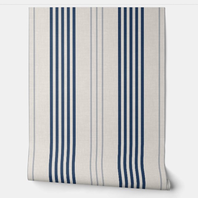 Navy Slate Ticking Stripe Linen Texture 壁紙 (ほどく)