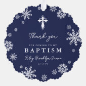 Navy Snowflakes写真冬のバプテスマ オーナメントカード (裏面)