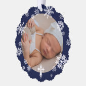 Navy Snowflakes写真冬のバプテスマ オーナメントカード (左)