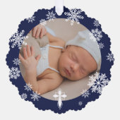 Navy Snowflakes写真冬のバプテスマ オーナメントカード (正面)
