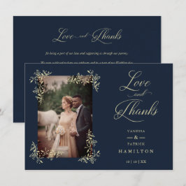 Navy Sophisticated Flourish Photo Wedding Love and サンキューカード