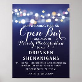 Navy String of lights Open Bar wedding sign ポスター