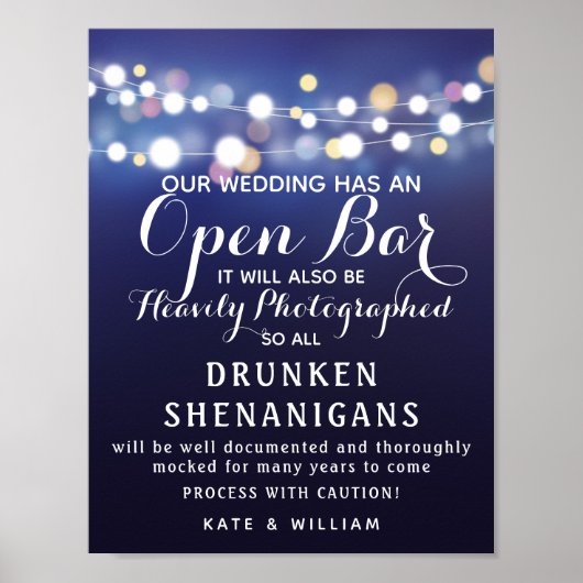 Navy String of lights Open Bar wedding sign ポスター (正面)
