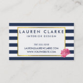 Navy Stripe & Pink Peony Business Cards 名刺 (正面)