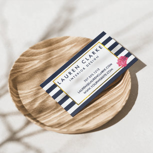 Navy Stripe & Pink Peony Business Cards 名刺