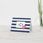 Navy Stripe & Pink Peony Monogram Note Cards ノートカード (正面)