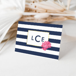 Navy Stripe & Pink Peony Monogram Note Cards ノートカード