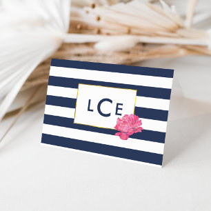 Navy Stripe & Pink Peony Monogram Note Cards ノートカード