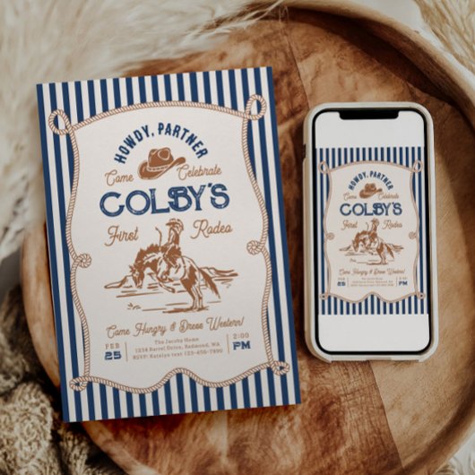 Navy Stripe Rodeo Birthday Invitation 招待状