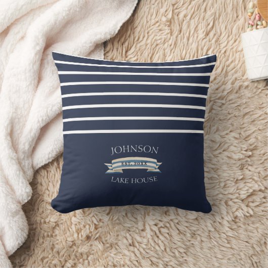 Navy Striped Lake House Anchor クッション (ブランケット)