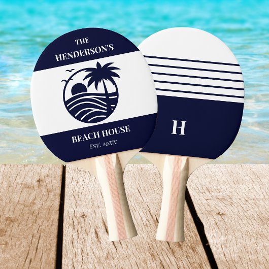 Navy Stripes Palm Tree Monogram Family Coastal 卓球ラケット