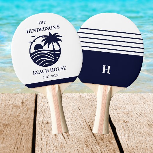 Navy Stripes Palm Tree Monogram Family Coastal 卓球ラケット