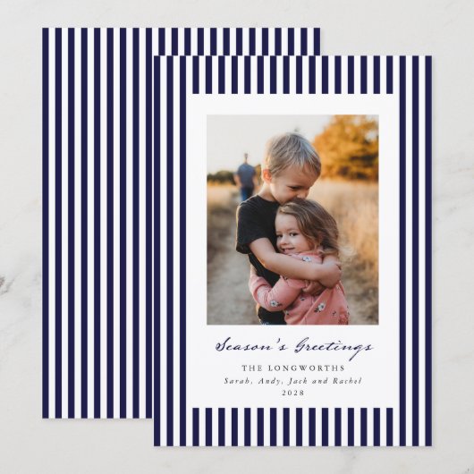 Navy Stripes Season's Greetings Flat Photo シーズンカード (正面/裏面)