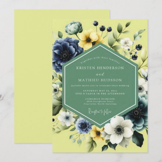 Navy Sunlit Meadow Wedding 招待状 (正面/裏面)