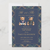 Navy Tartan He or She Gender Reveal Baby Shower 招待状 (正面)