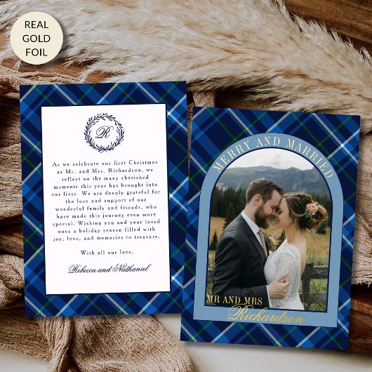 Navy Tartan Plaid First Christmas Married Photo 箔シーズンカード