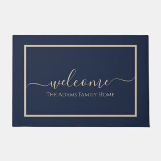 Navy Taupe Elegant Script Family Name Welcome ドアマット