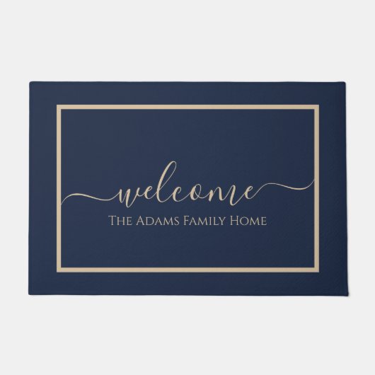 Navy Taupe Elegant Script Family Name Welcome ドアマット (正面)