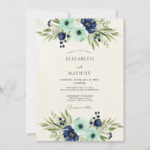 Navy Teal Opulent Botanical Wedding 招待状 (正面)
