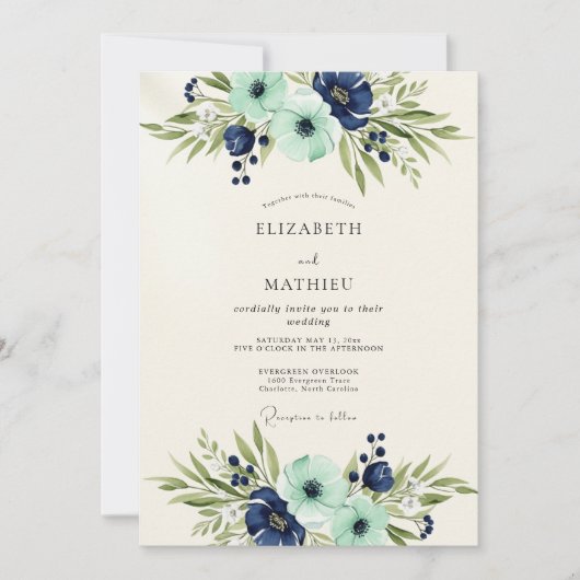 Navy Teal Opulent Botanical Wedding 招待状 (正面)