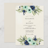 Navy Teal Opulent Botanical Wedding 招待状 (正面/裏面)