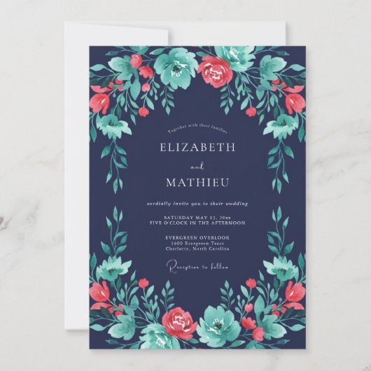 Navy Teal Vibrant Botanical Wedding 招待状 (正面)