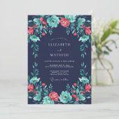 Navy Teal Vibrant Botanical Wedding 招待状 (スタンド正面)