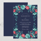 Navy Teal Vibrant Botanical Wedding 招待状 (正面/裏面)