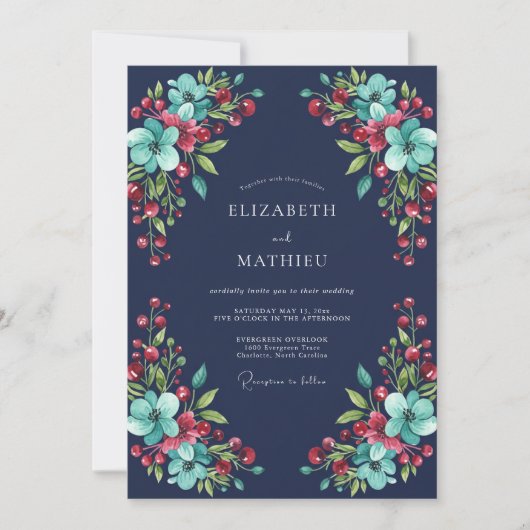 Navy Teal Watercolor Winter Wedding 招待状 (正面)