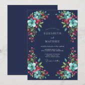 Navy Teal Watercolor Winter Wedding 招待状 (正面/裏面)