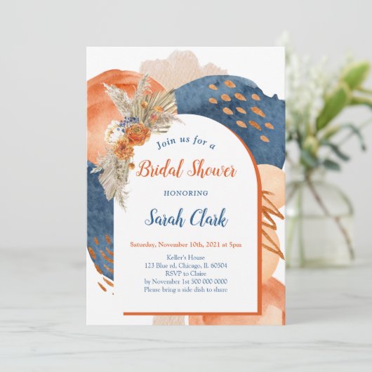 Navy Terracotta Boho Bridal Shower Invitation 招待状 (スタンド正面)