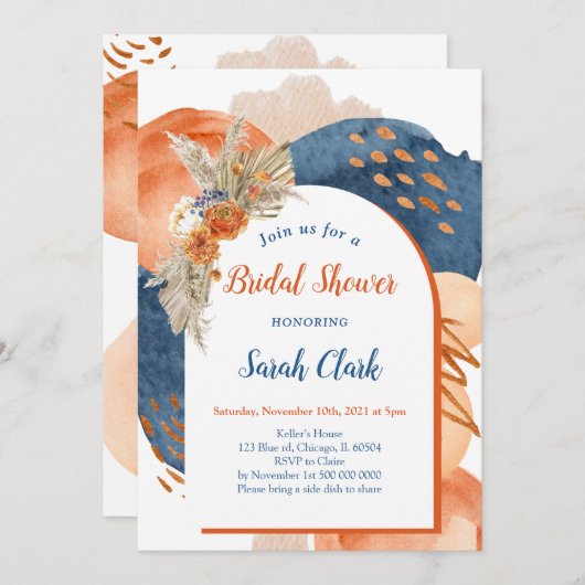Navy Terracotta Boho Bridal Shower Invitation 招待状 (正面/裏面)